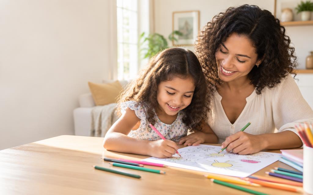 Mãe e filha colorindo juntas
